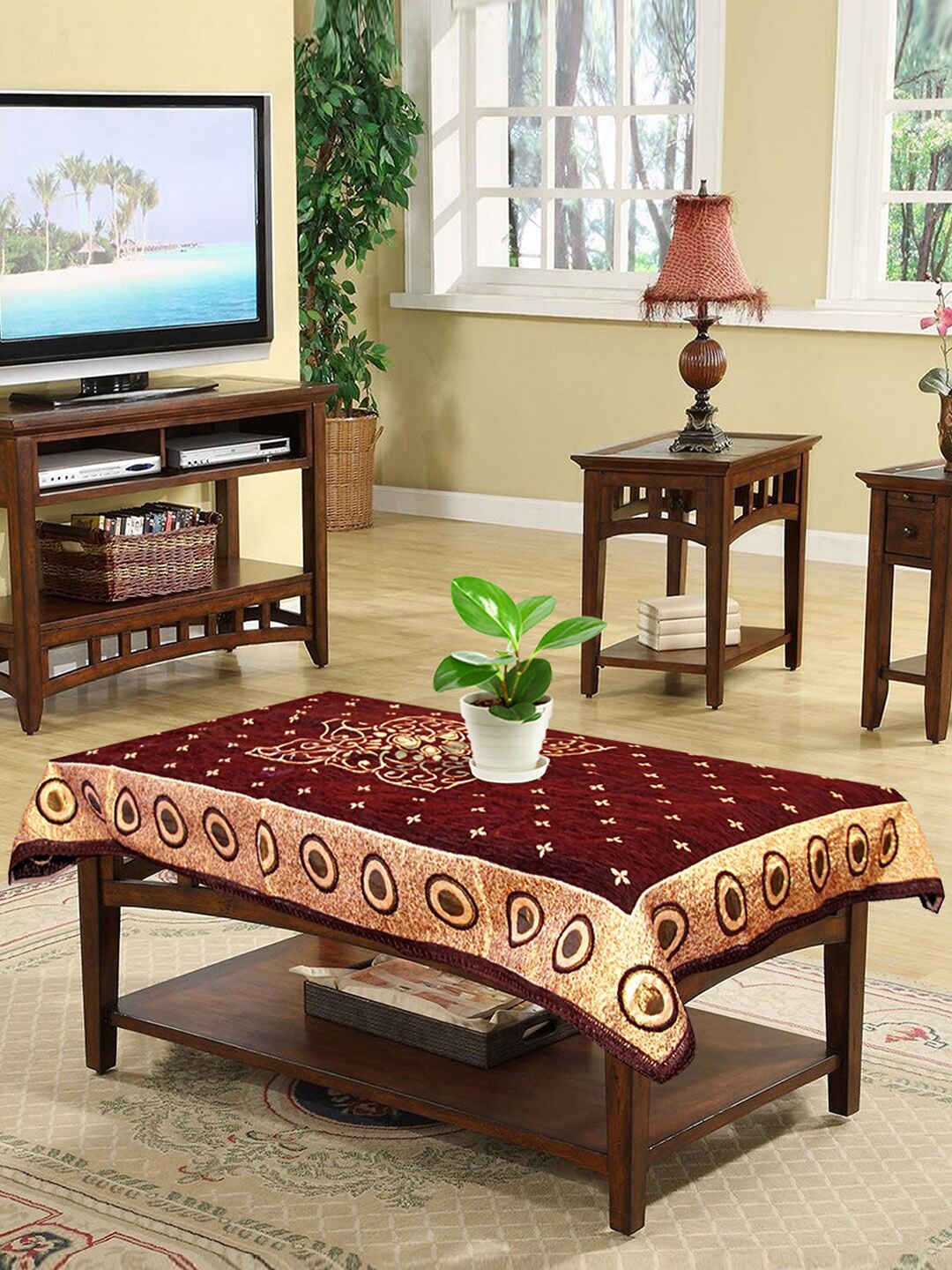 

Kuber Industries Maroon & Beige Floral Printed 4-Seater Rectangle Velvet Table Cover