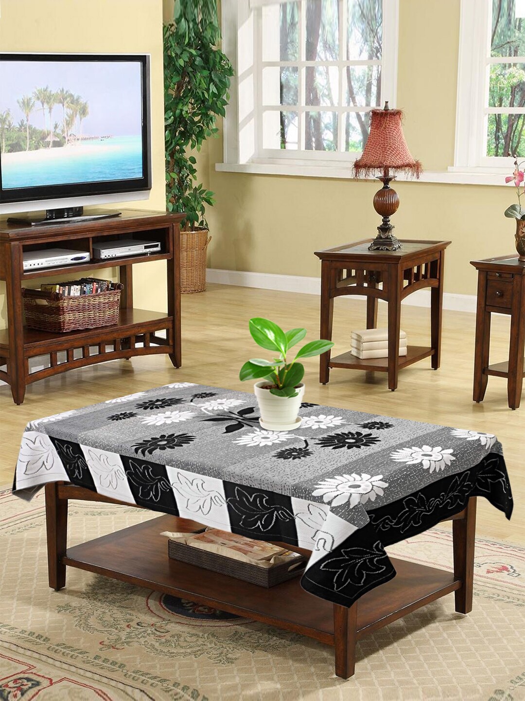 

Kuber Industries Black & White Floral Printed 4-Seater Rectangle Cotton Table Cover