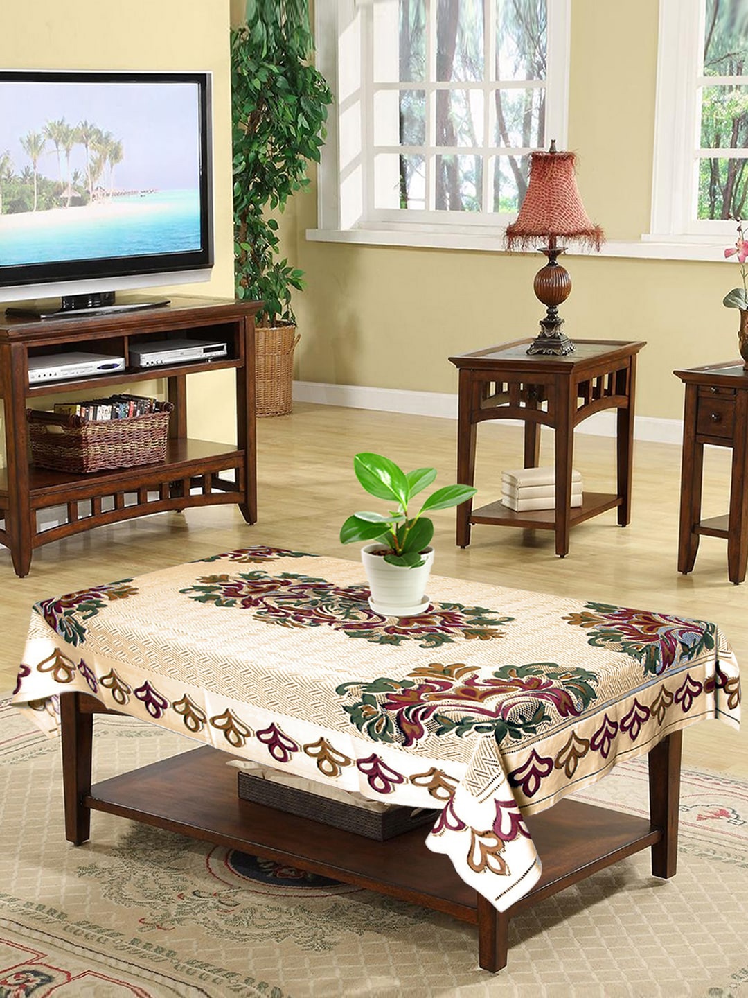 

Kuber Industries Cream & Brown Floral Printed 4-Seater Cotton Table Cover