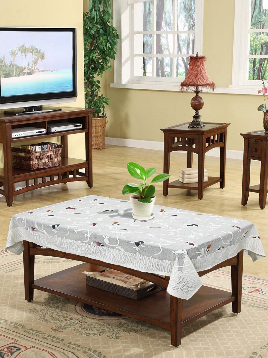 

Kuber Industries White Printed 4 Seater Cotton Table Cover