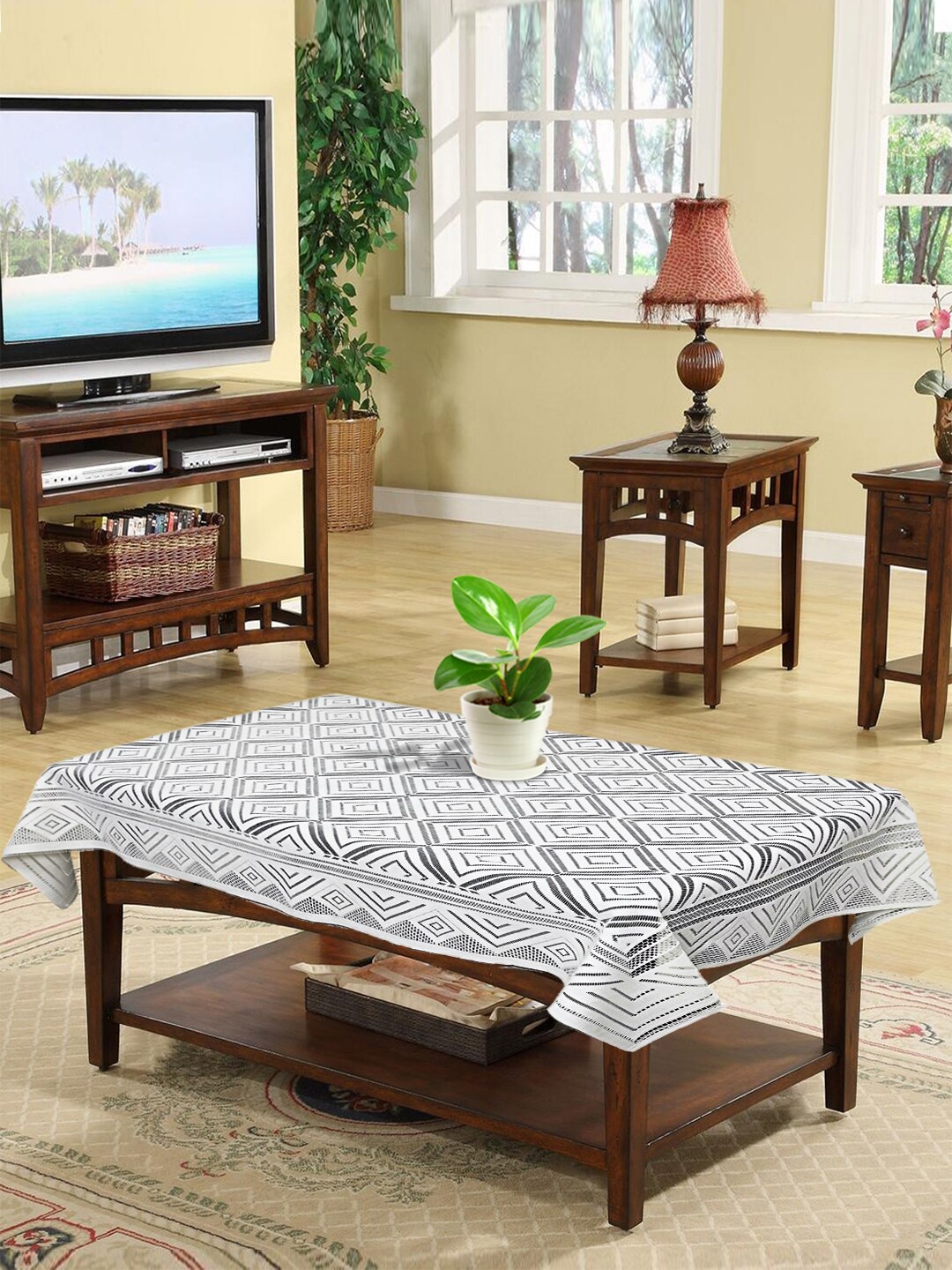 

Kuber Industries White Printed 4 Seater Cotton Table Cover