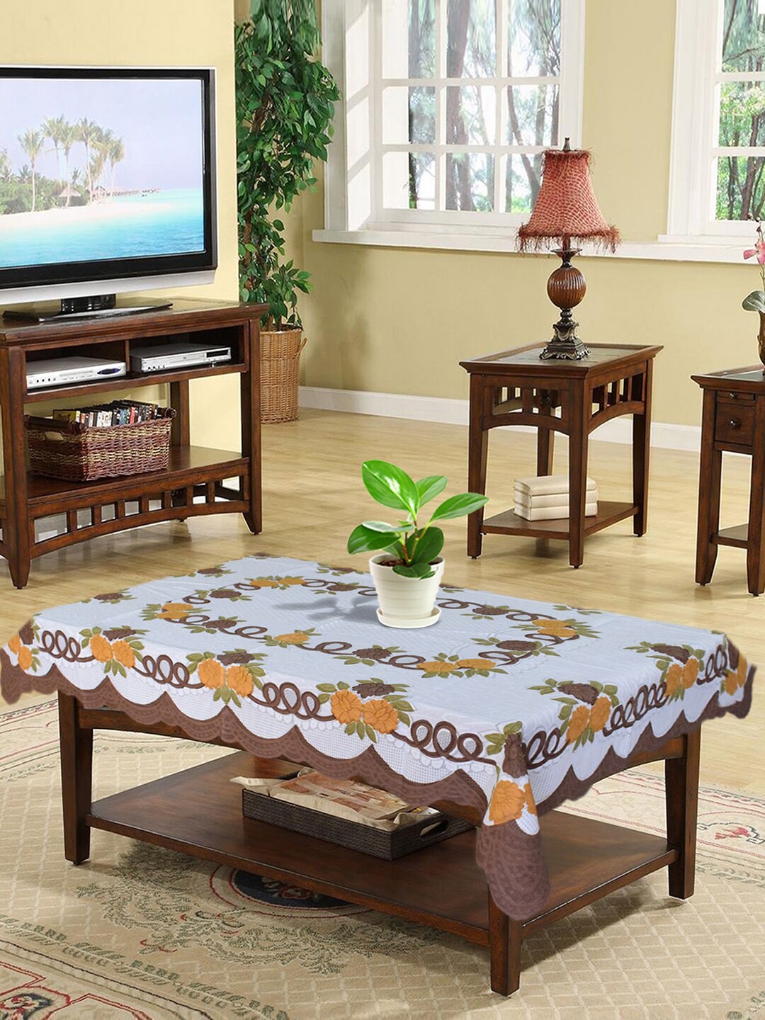 

Kuber Industries White & Brown Printed 4 Seater Cotton Table Cover