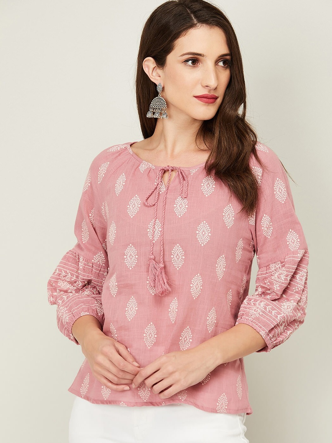 

Colour Me by Melange Pink Printed Pure Cotton Tie-Up Neck Top