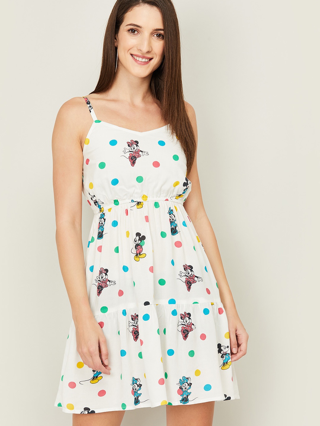 

Ginger by Lifestyle White & Pink Minnie Mouse Printed Fit & Flare Dress