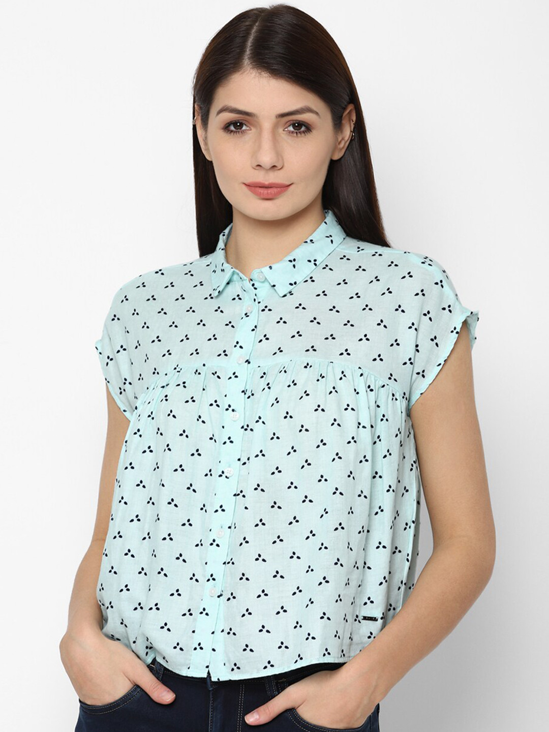 

Allen Solly Woman Women Blue Geometric Print Extended Sleeves Shirt Style Top