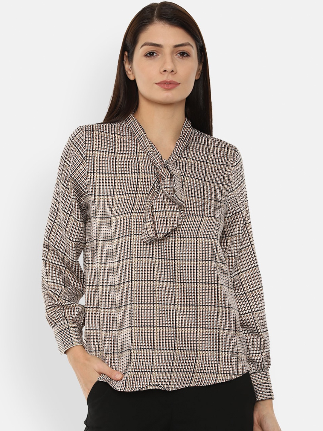

Van Heusen Woman Brown Checked Tie-Up Neck Top