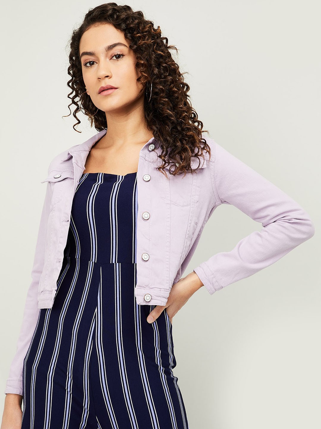 

Ginger by Lifestyle Women Purple Striped Lightweight Crop Tailored Jacket