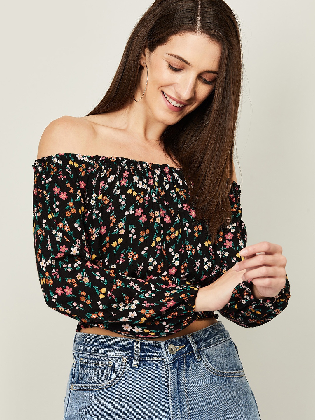 

Ginger by Lifestyle Black Floral Print Off-Shoulder Bardot Crop Top