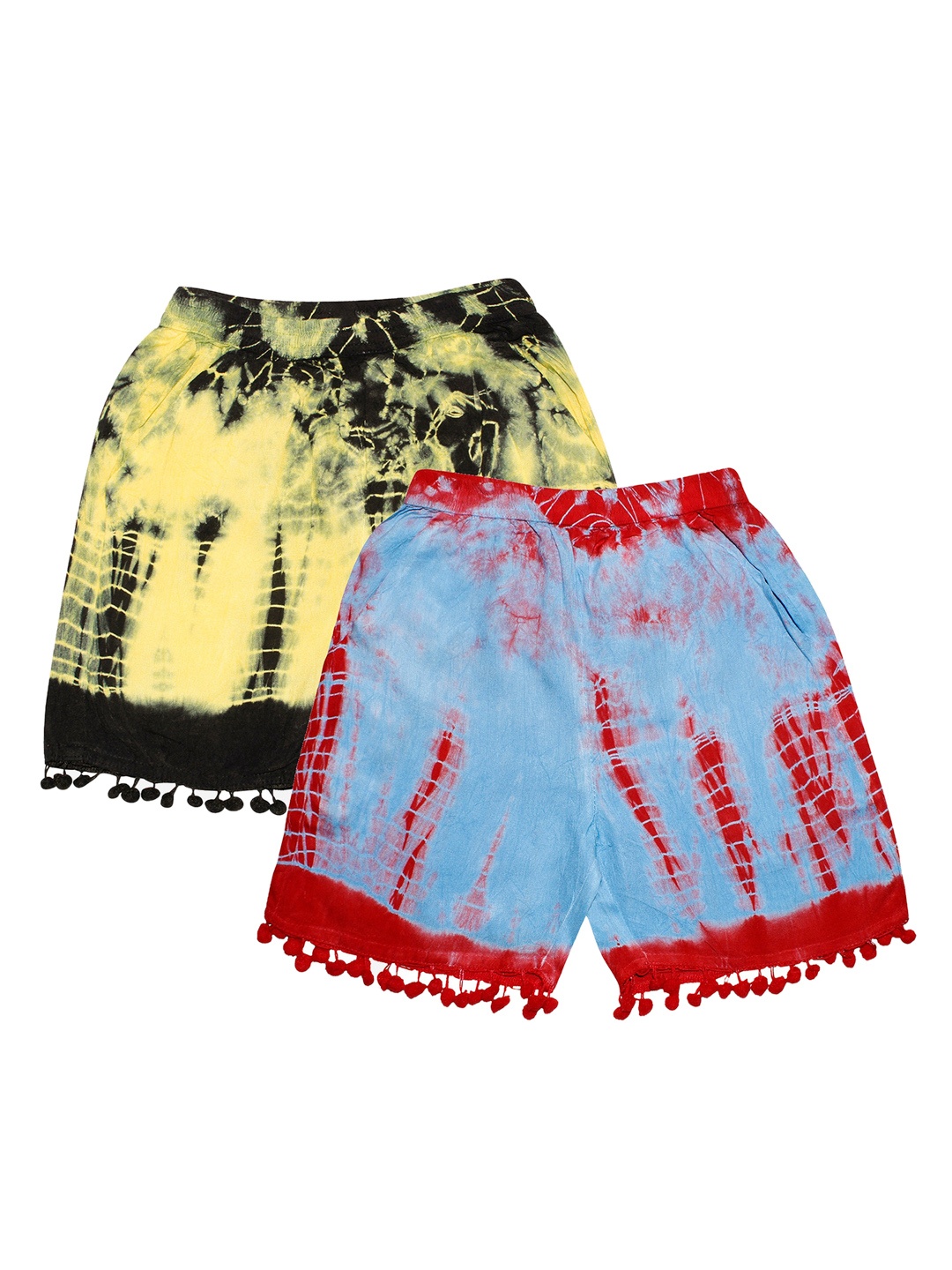 

KiddoPanti Girls Pack of 2 Yellow & Blue Tie & Dye Dyed Shorts with Pom Pom Lace