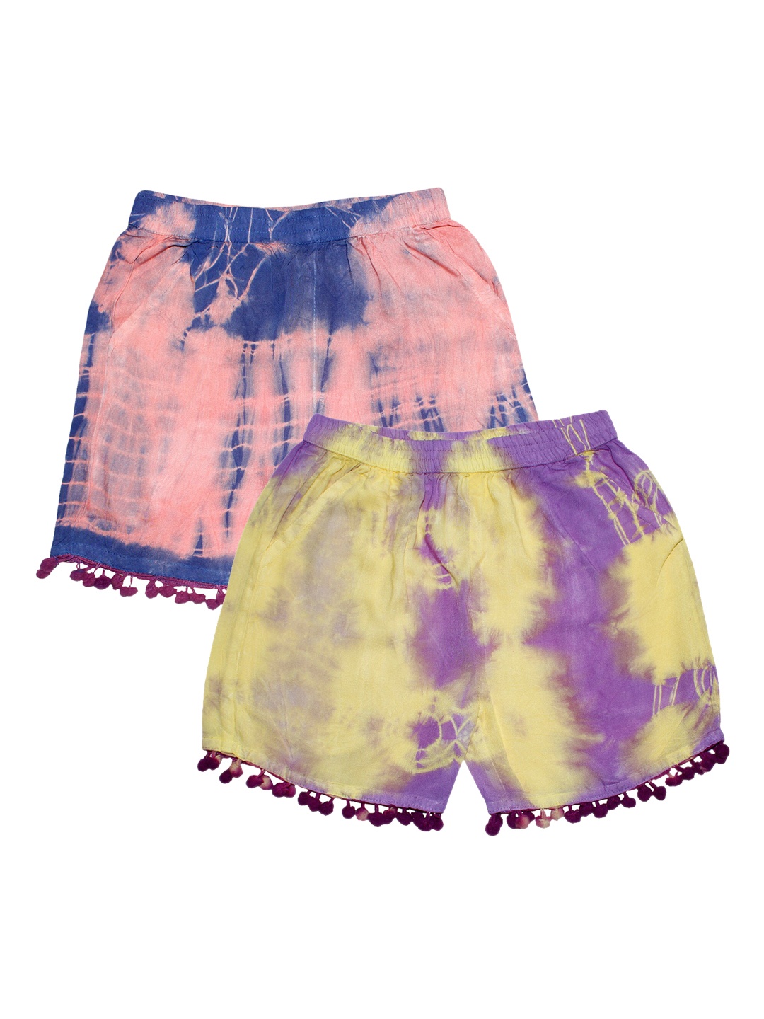 

KiddoPanti Girls Pink &Yellow Pom Pom Lace Hem Tie & Dye