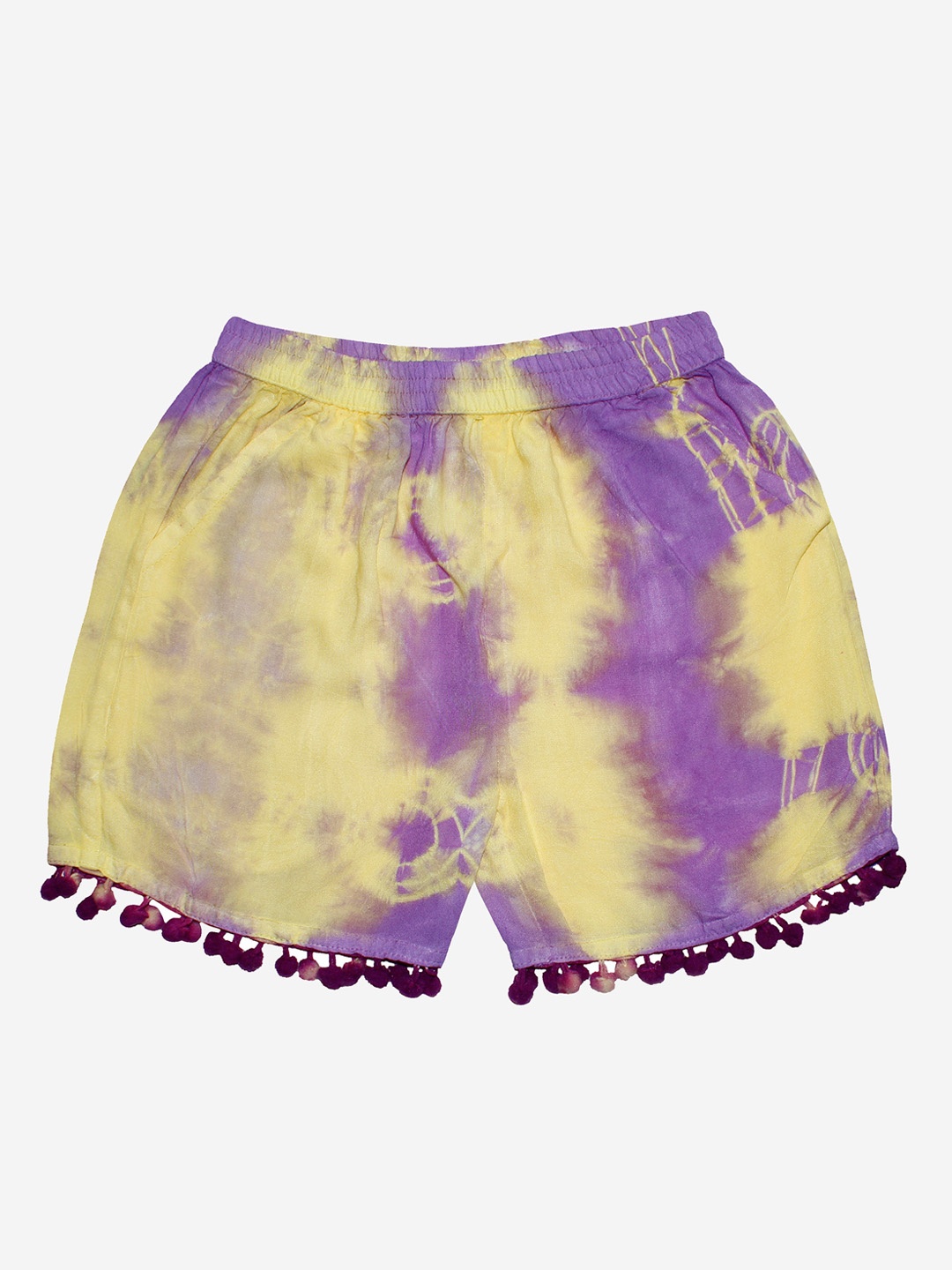 

KiddoPanti Girls Yellow & Purple Tie & Die Printed Shorts With Pom Poms