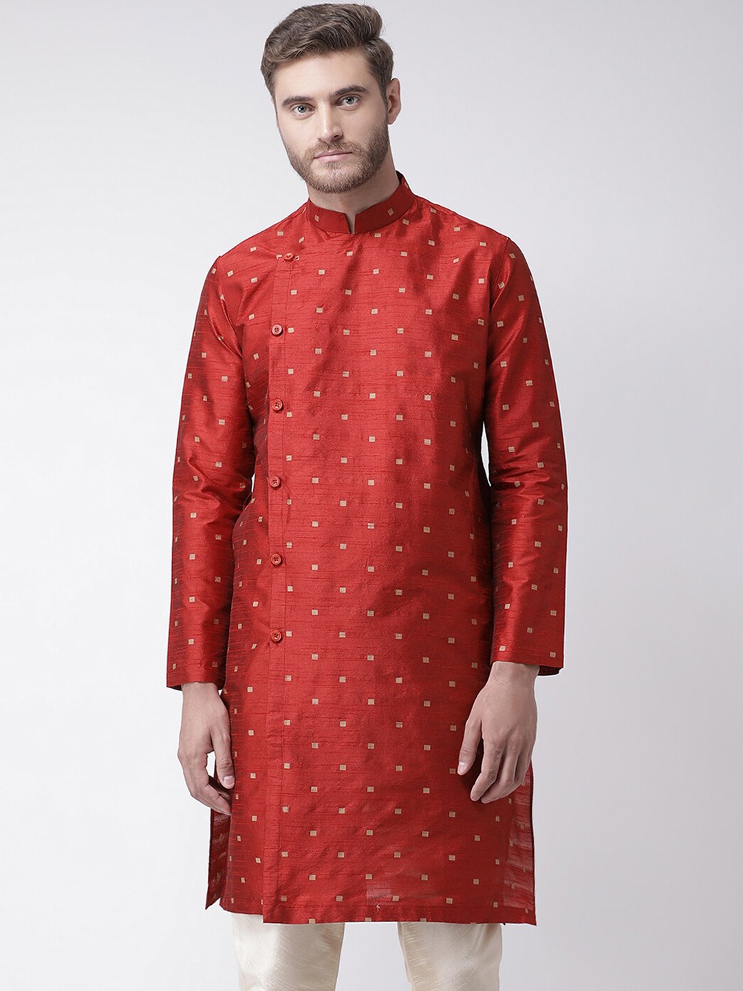 

DEYANN Men Red Angrakha Kurta with Churidar