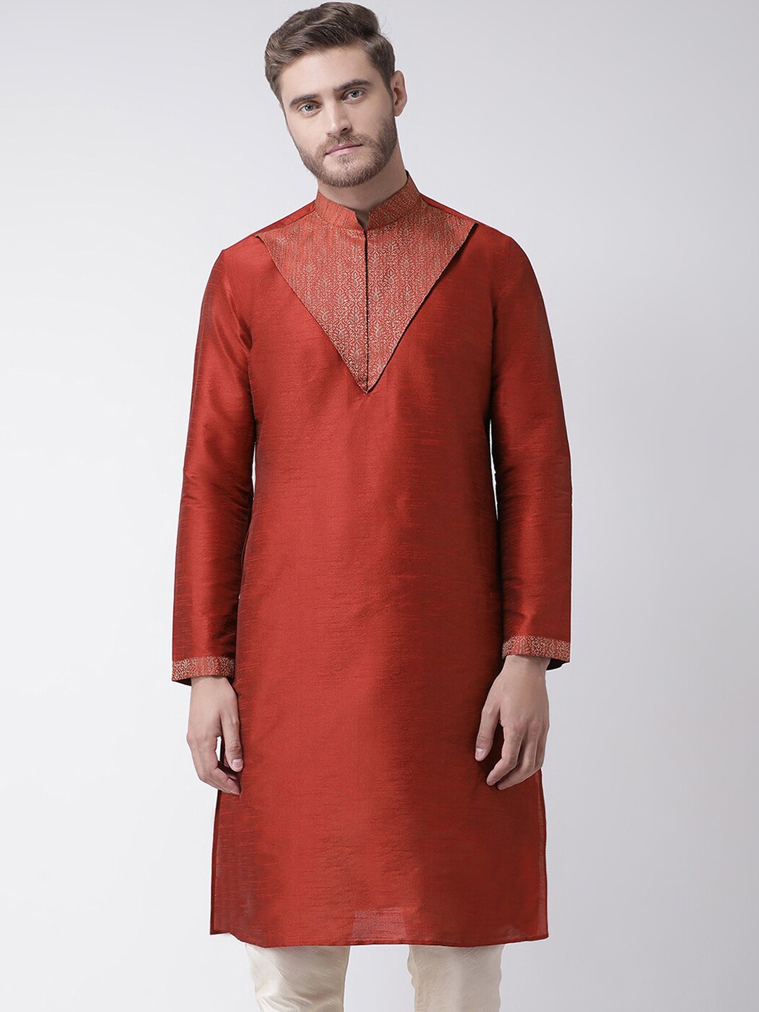 

DEYANN Men Red Dupion Silk Kurta with Churidar