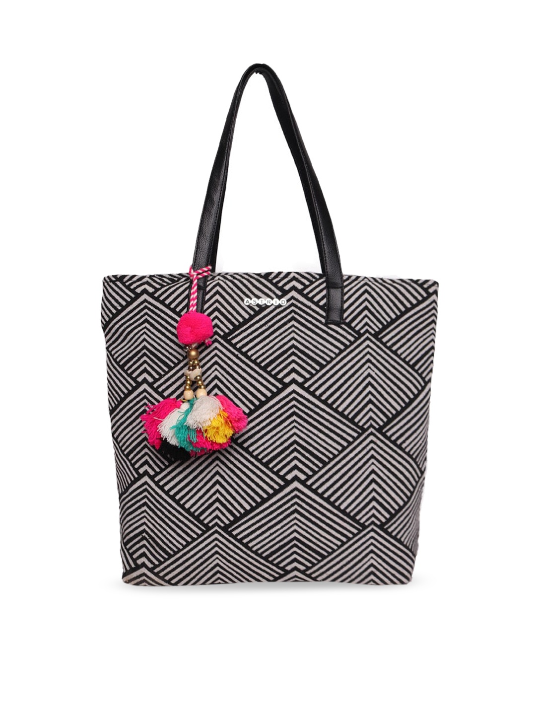 

ASTRID Black Geometric Print Oversized Shopper Tote Bag With Tassels