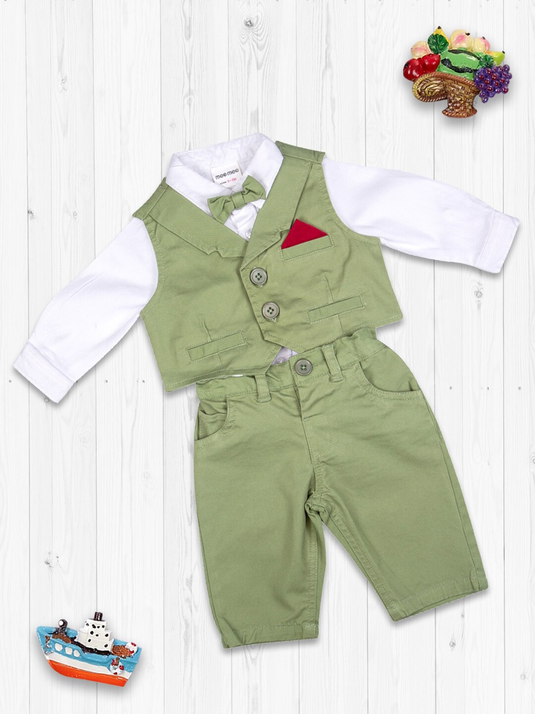 

MeeMee Boys Green & White Shirt with Trousers & Waist Coat