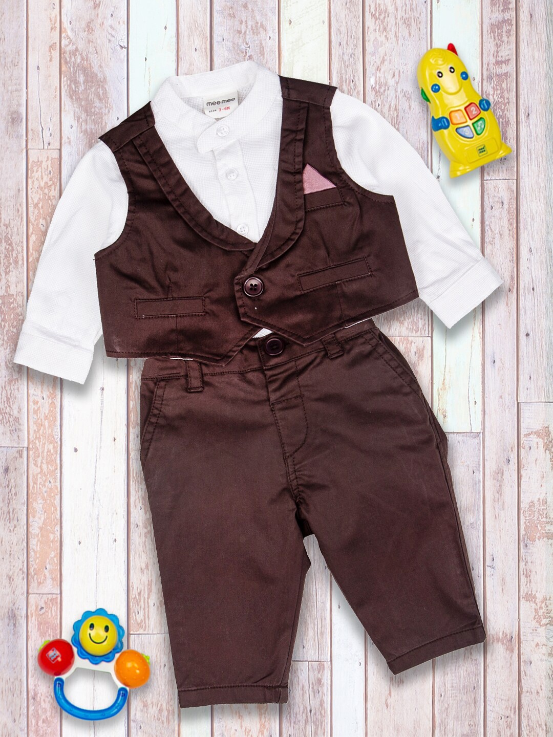 

MeeMee Boys Brown & White Shirt with Trousers & Waistcoat