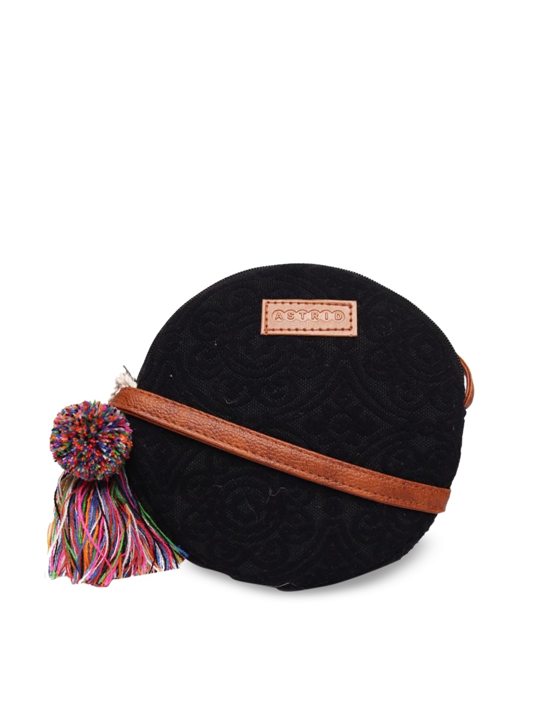 

ASTRID Black Structured Sling Bag with Tasselled Detail