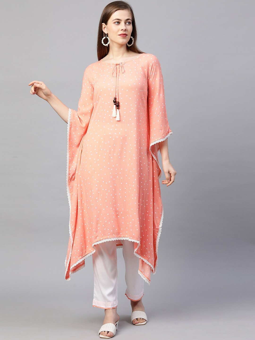 

FASHOR Women Peach-Coloured Printed Kaftan Kurta with Trousers