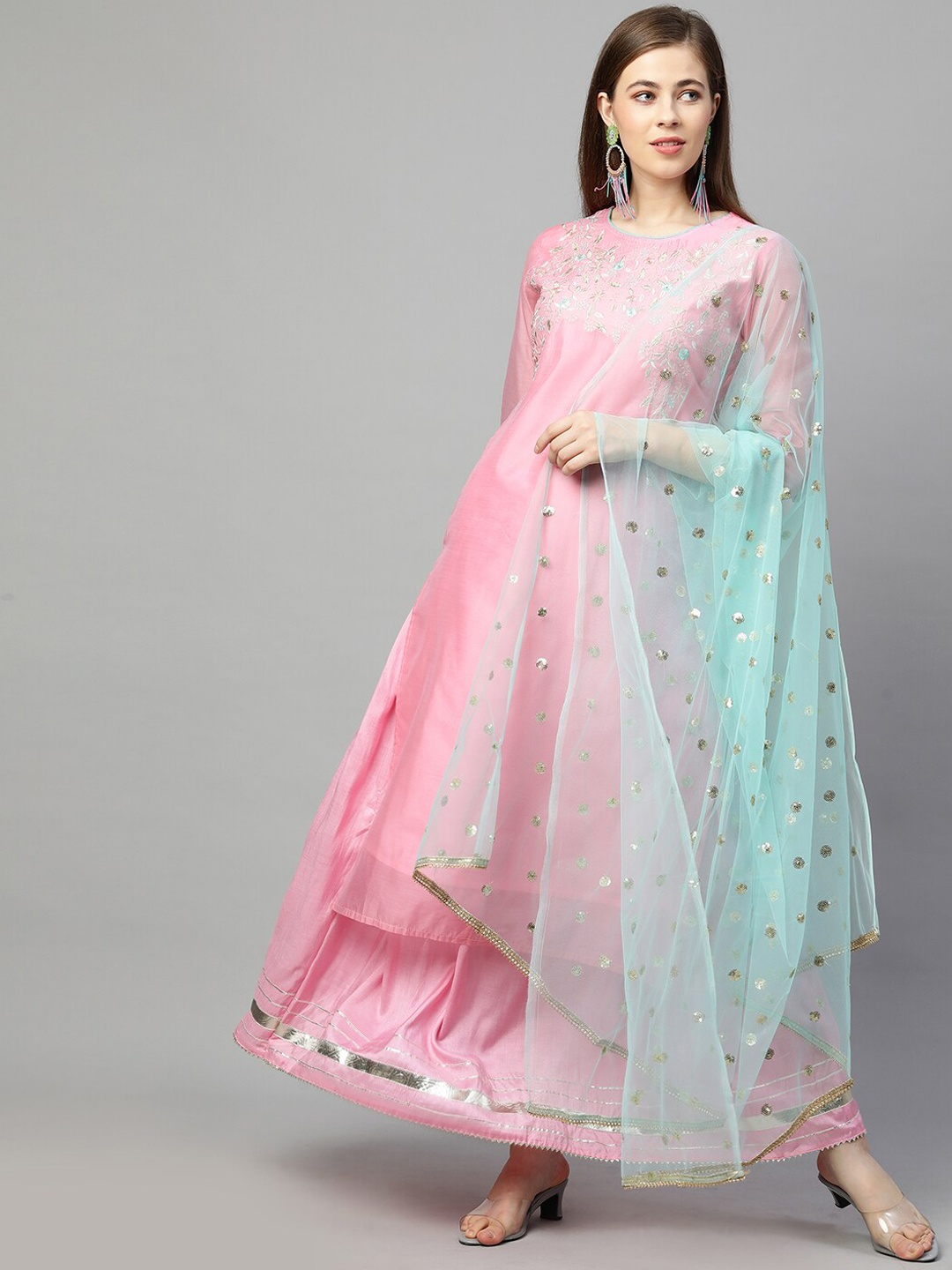 

FASHOR Women Pink Ethnic Motifs Embroidered Chanderi Silk Kurta with Palazzos & Dupatta