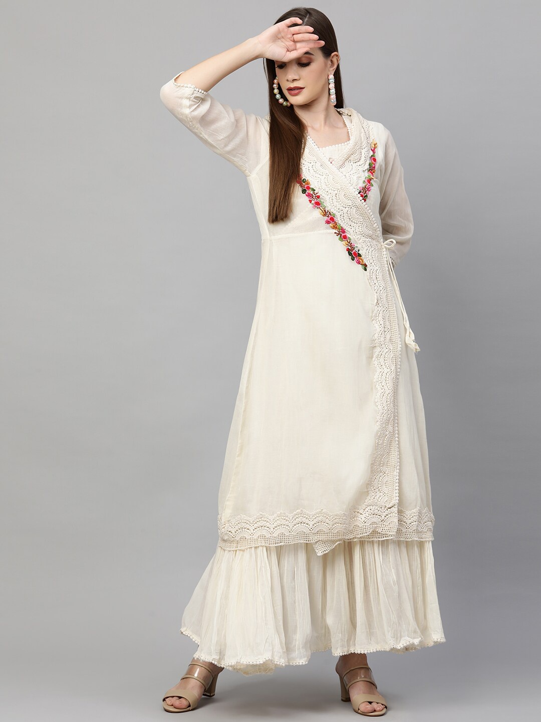 

FASHOR Off White & Multicoloured Floral Embroidered Ethnic Wrap Maxi Dress