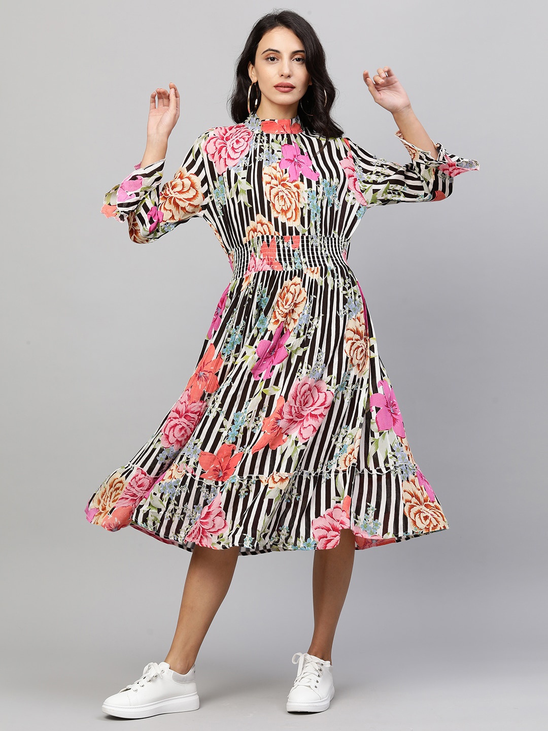 

FASHOR Black & Pink Floral Crepe Midi Dress