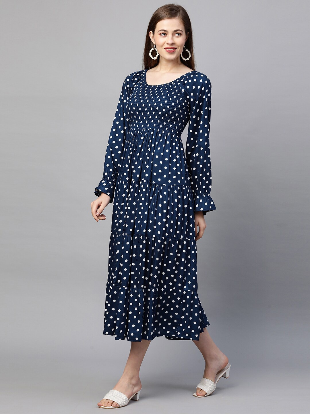 

FASHOR Navy Blue Polka Dotted & Smocked Midi Dress