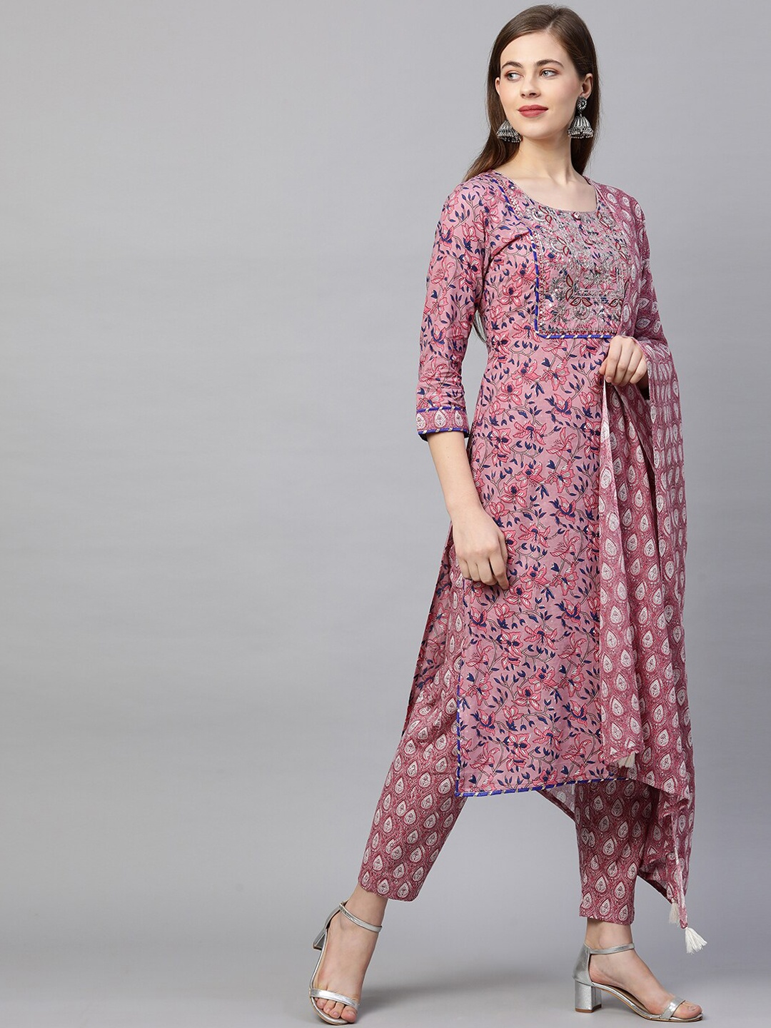 

FASHOR Women Pink Ethnic Motifs Printed Sequinned Pure Cotton Kurta with Trousers & With Dupatta