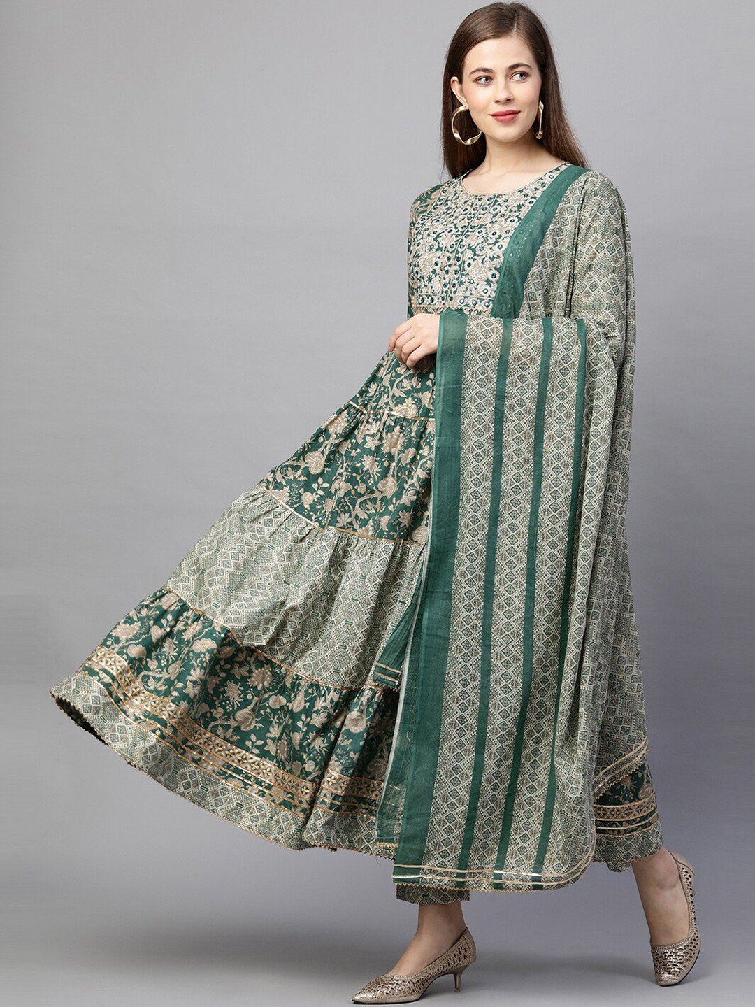 

FASHOR Women Green Floral Embroidered Pure Cotton Kurti with Churidar & With Dupatta