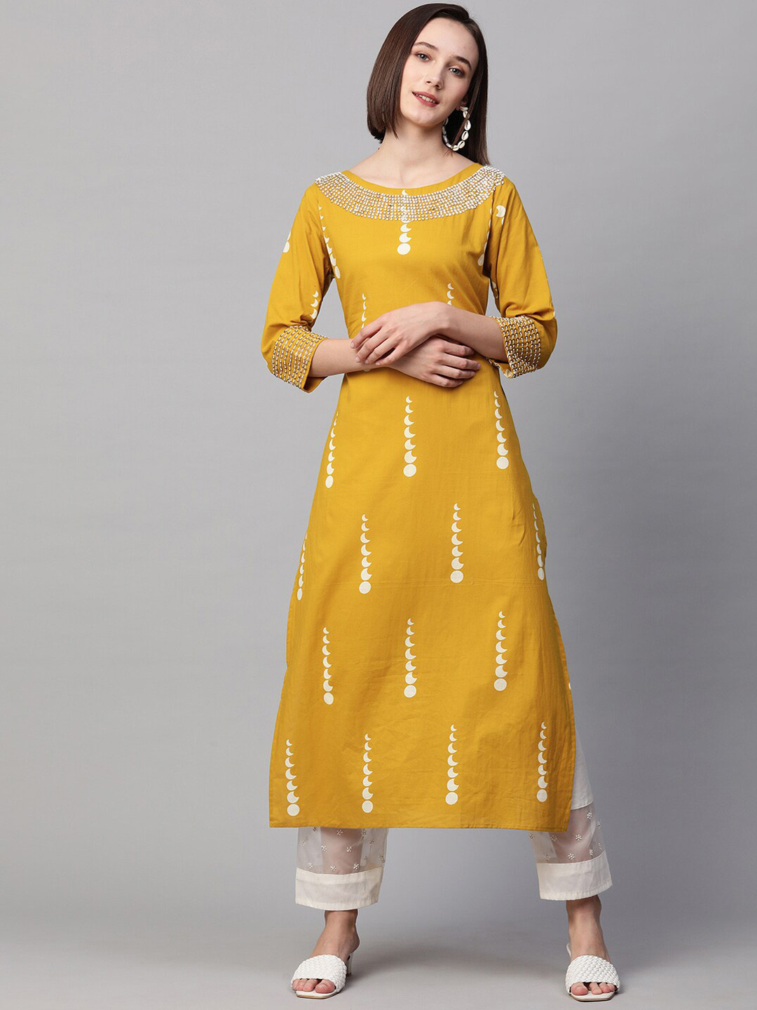 

FASHOR Women Mustard Yellow Geometric Printed Kurta