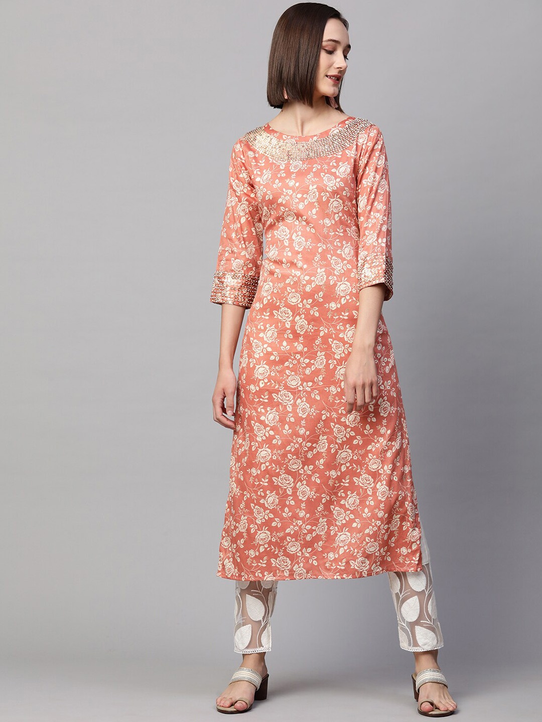 

FASHOR Women Orange Floral Printed Kurta