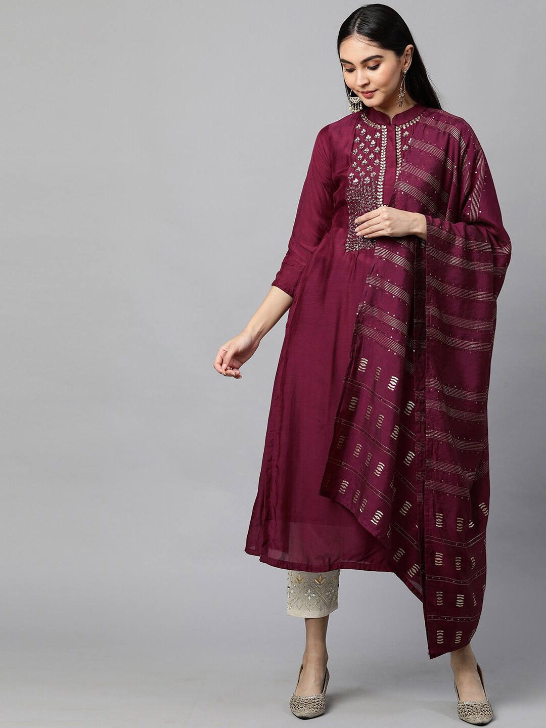 

FASHOR Women Burgundy Ethnic Motifs Printed Flared Sleeves Mirror Work Anarkali Kurta