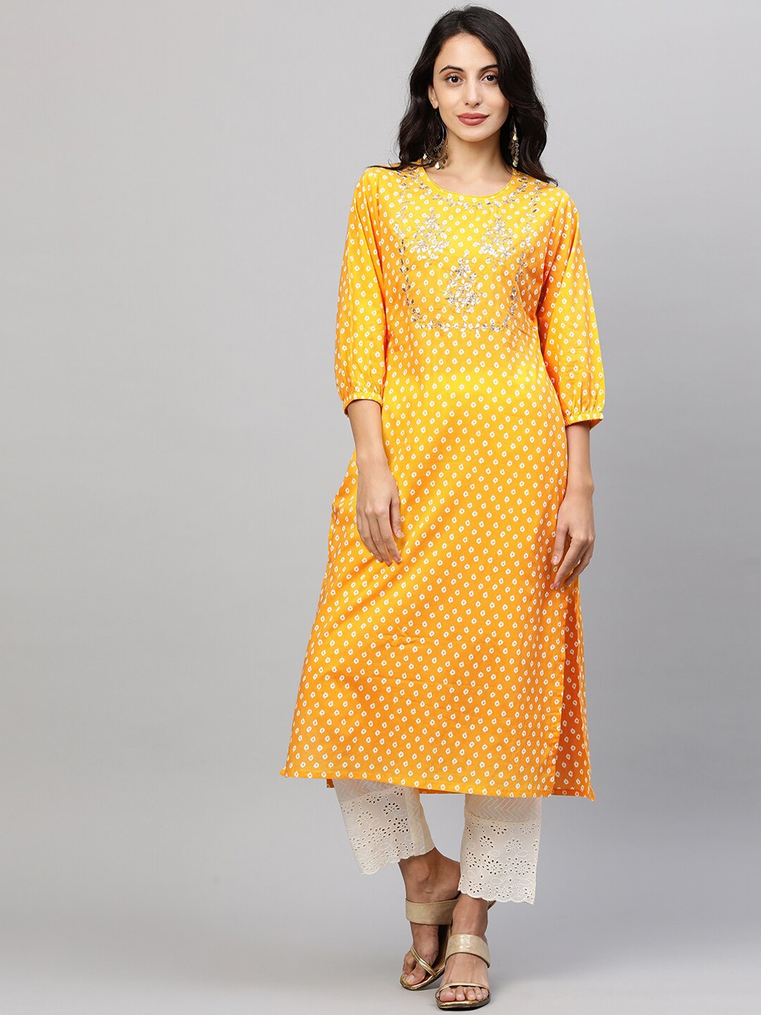 

FASHOR Women Yellow Bandhani Printed Sequinned Pure Cotton Kurta with Trousers
