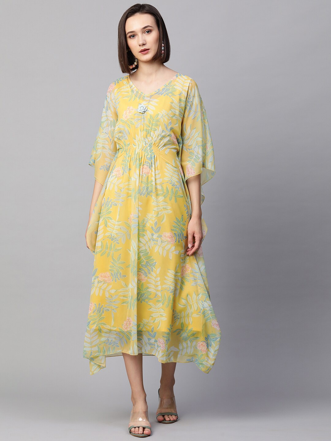 

FASHOR Yellow & Green Layered Kaftan Midi Dress