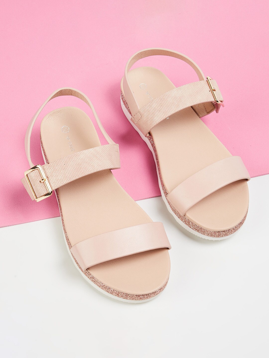 

Fame Forever by Lifestyle Girls Pink Open Toe Flats with Buckles