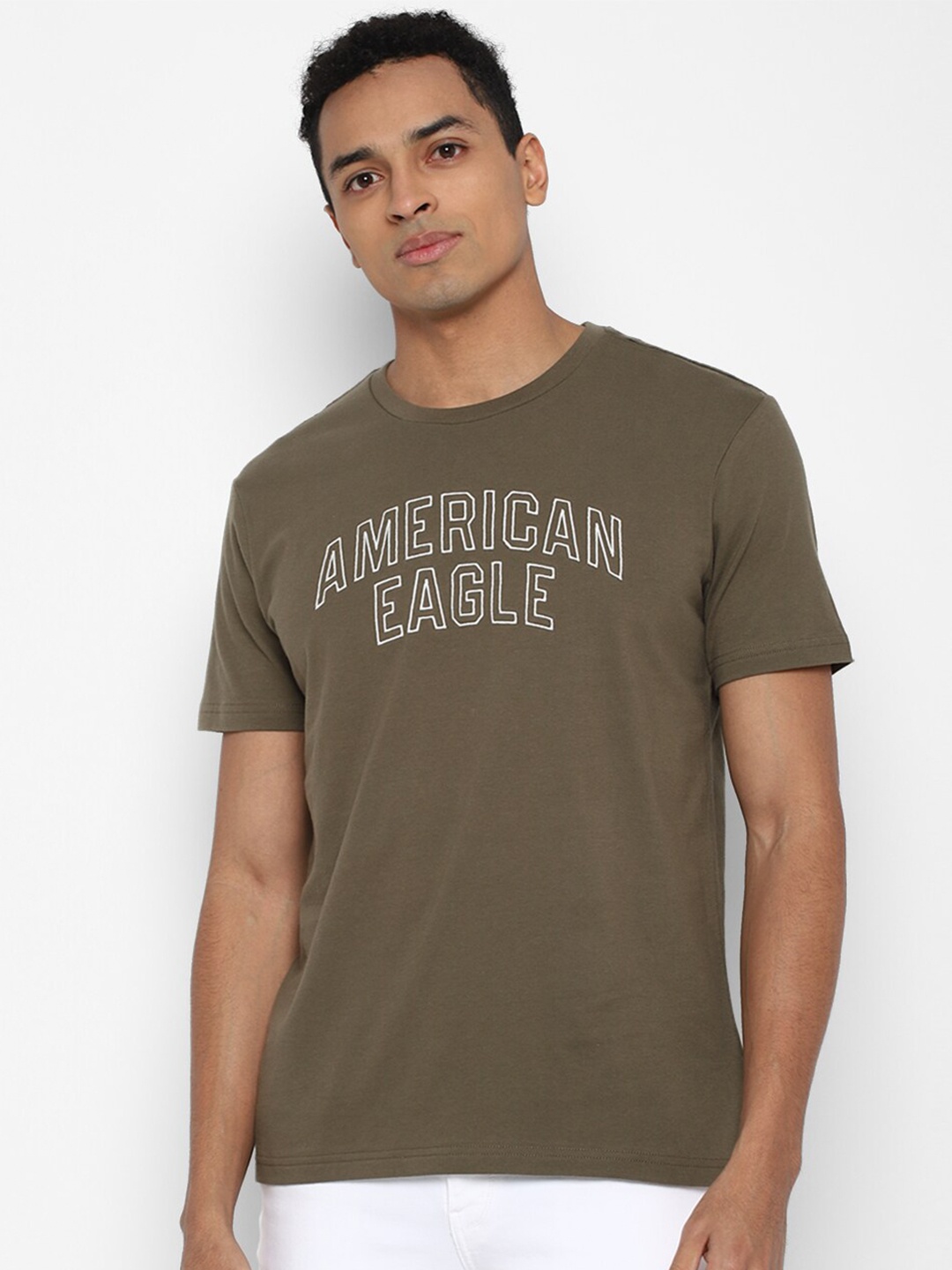 

AMERICAN EAGLE OUTFITTERS Men Olive Green Typography Printed Applique T-shirt