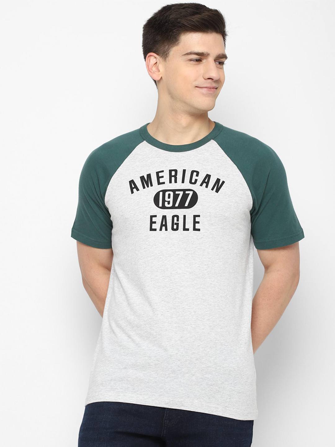 

AMERICAN EAGLE OUTFITTERS Men Grey Varsity Printed Drop-Shoulder Sleeves Applique T-shirt