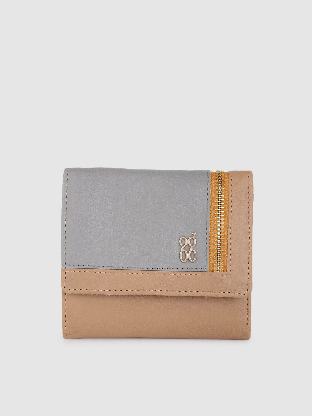 

Baggit Women Dark Beige & Grey Solid Zip Detail Three Fold Wallet