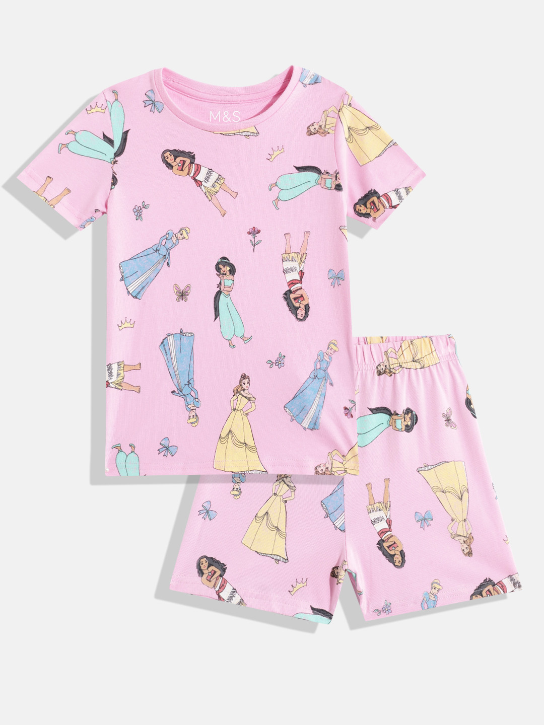 

Marks & Spencer Girls Disney Princess Printed Round-Neck T-shirt with Shorts, Pink