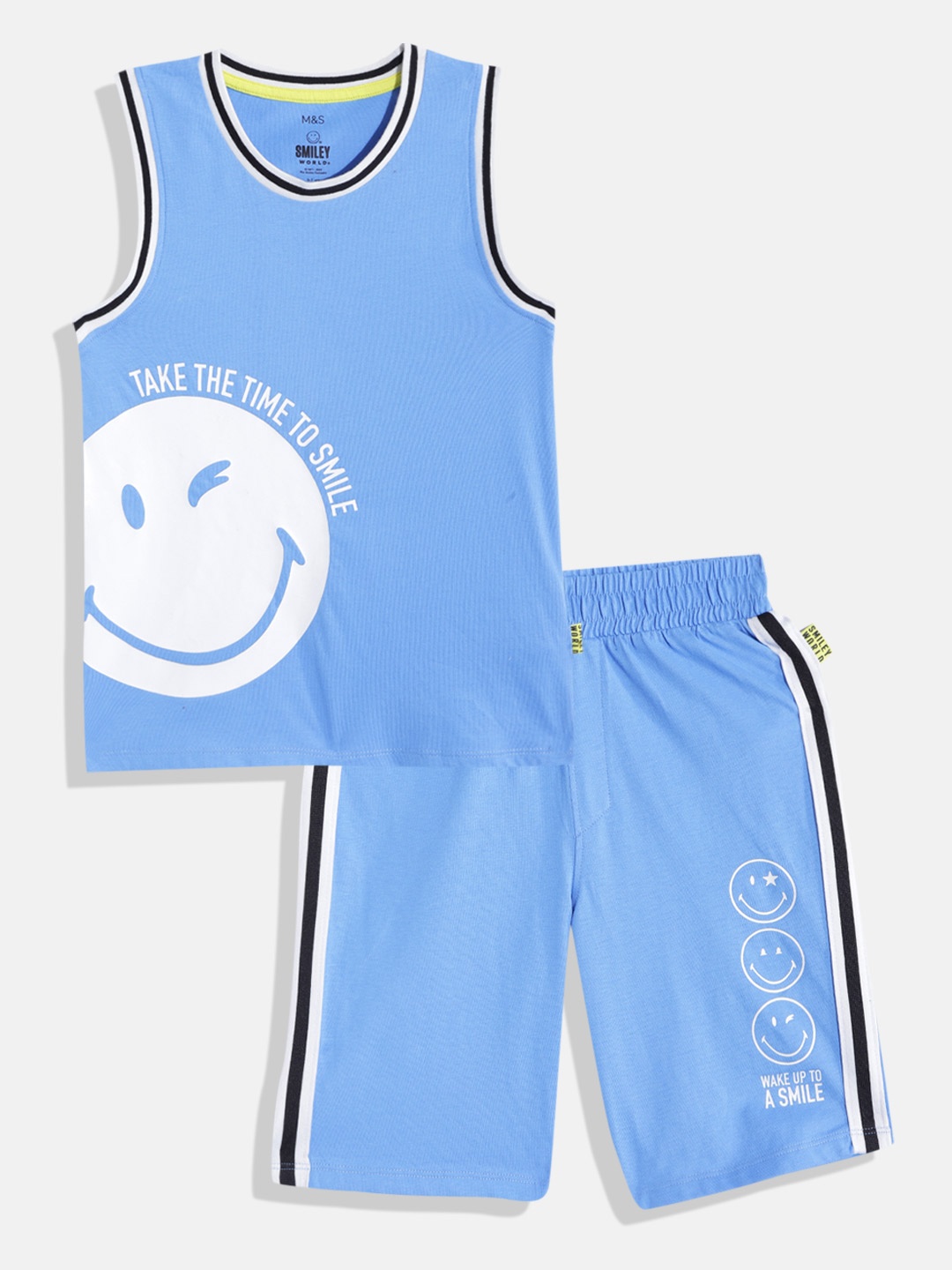 

Marks & Spencer Boys Blue & White Smiley World Printed Side Taping Shorts Set