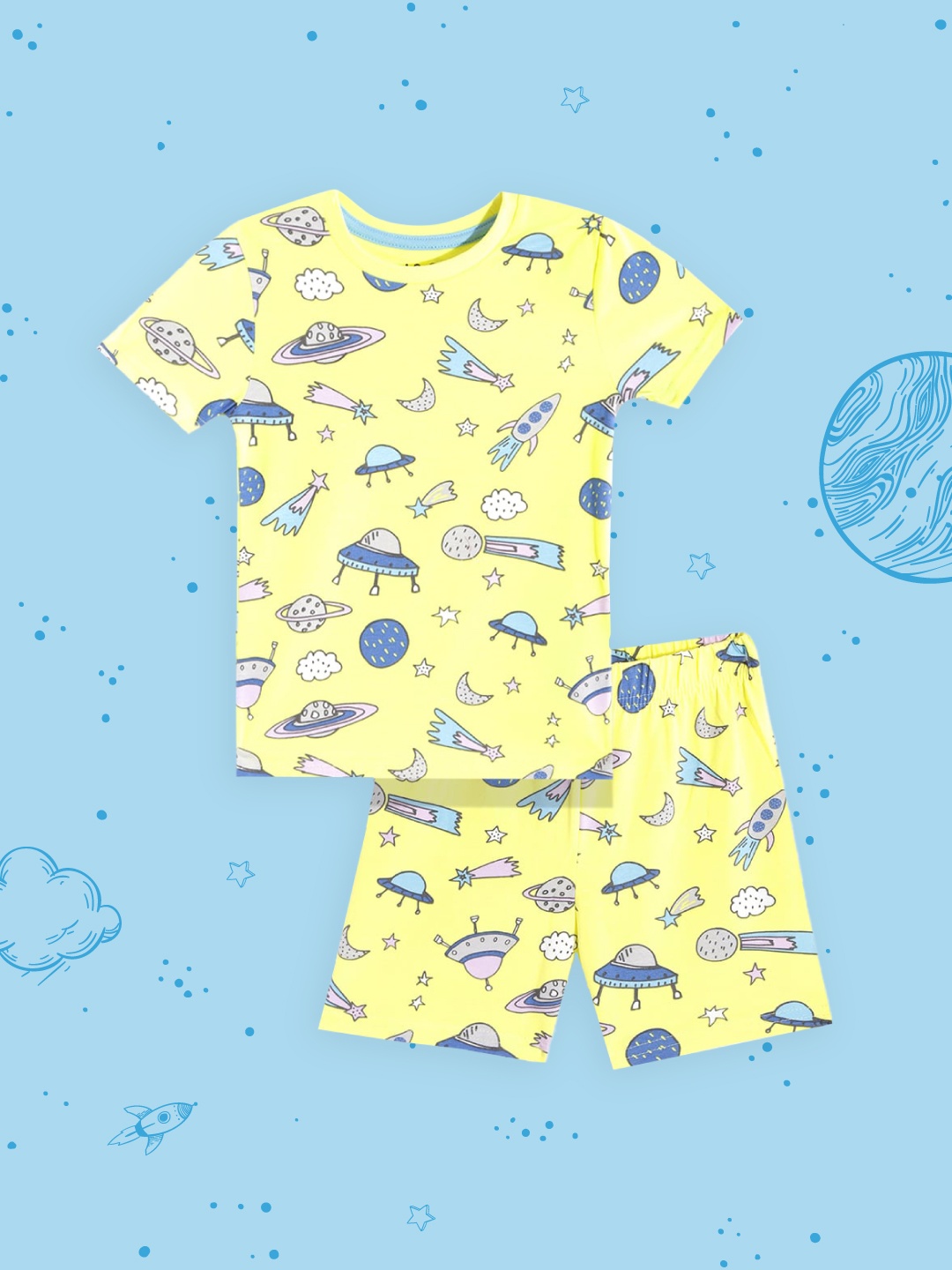 

Marks & Spencer Boys Yellow & Blue Conversational Printed Shorts Set