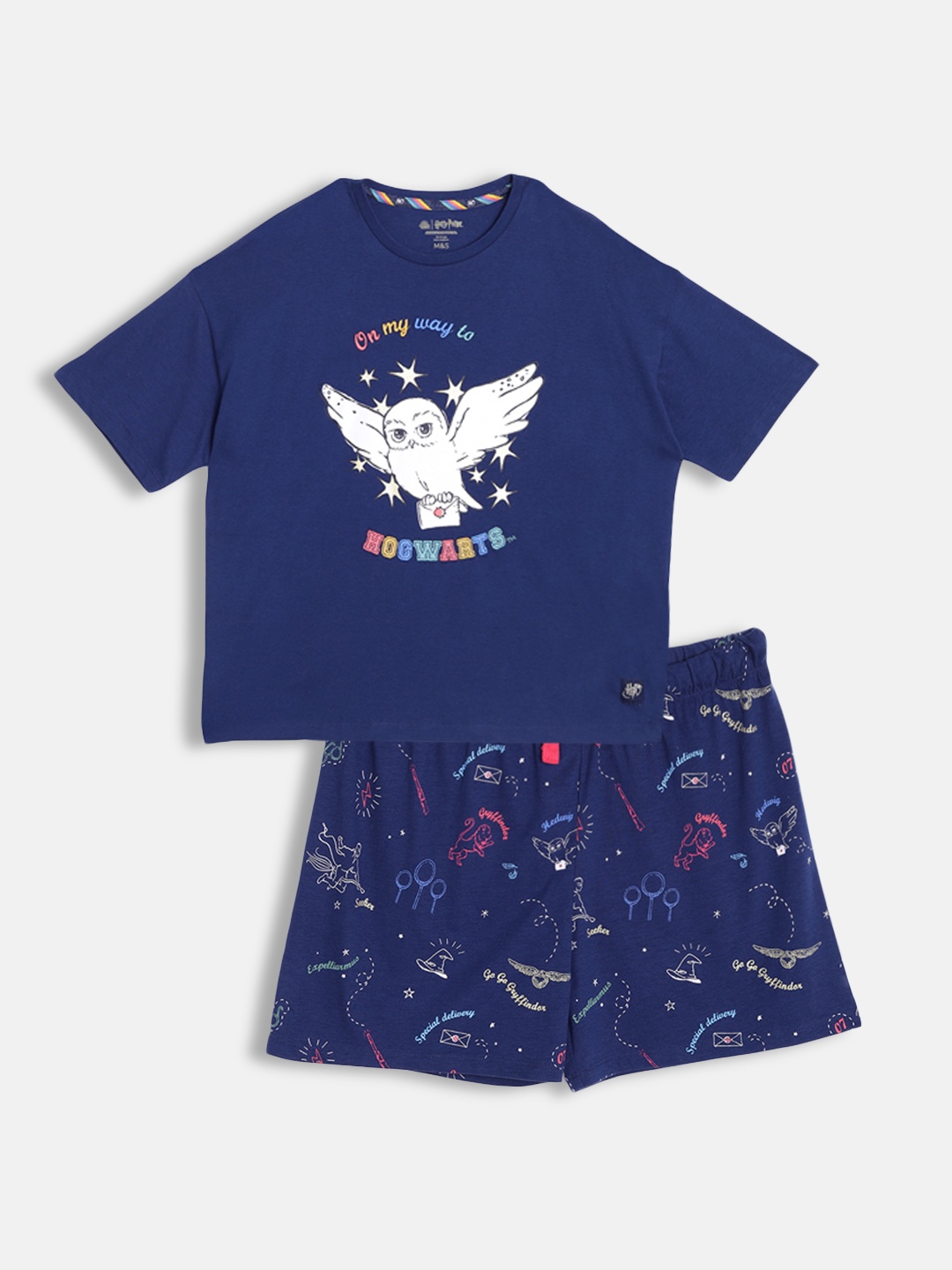 

Marks & Spencer Girls Navy Blue & White Harry Potter Print Cotton Shorts Set