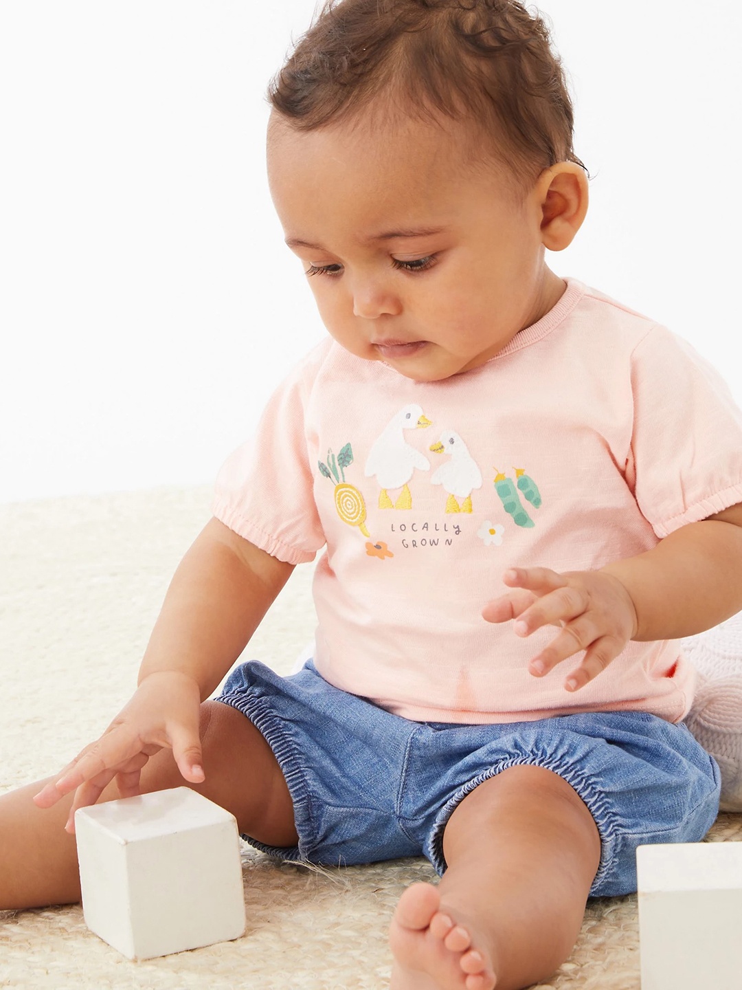 

Marks & Spencer Unisex Kids Peach-Coloured & Blue Typography Print Top with Shorts