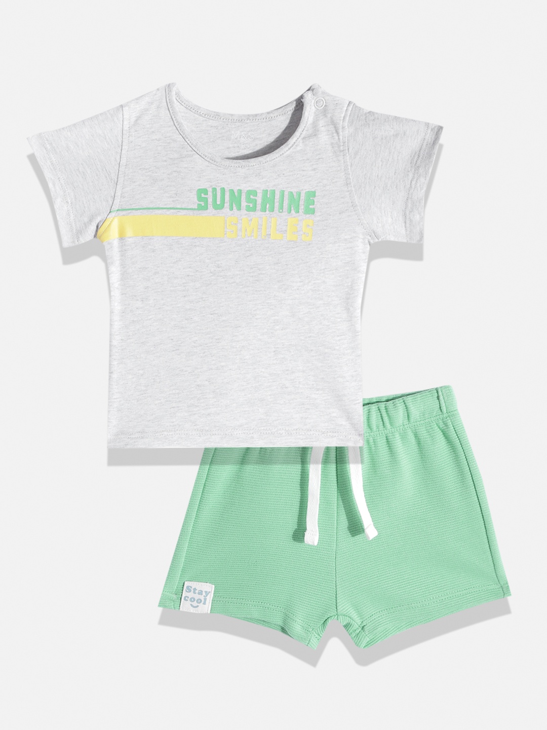 

Marks & Spencer Kids Grey Melange & Green Printed T-shirt with Shorts