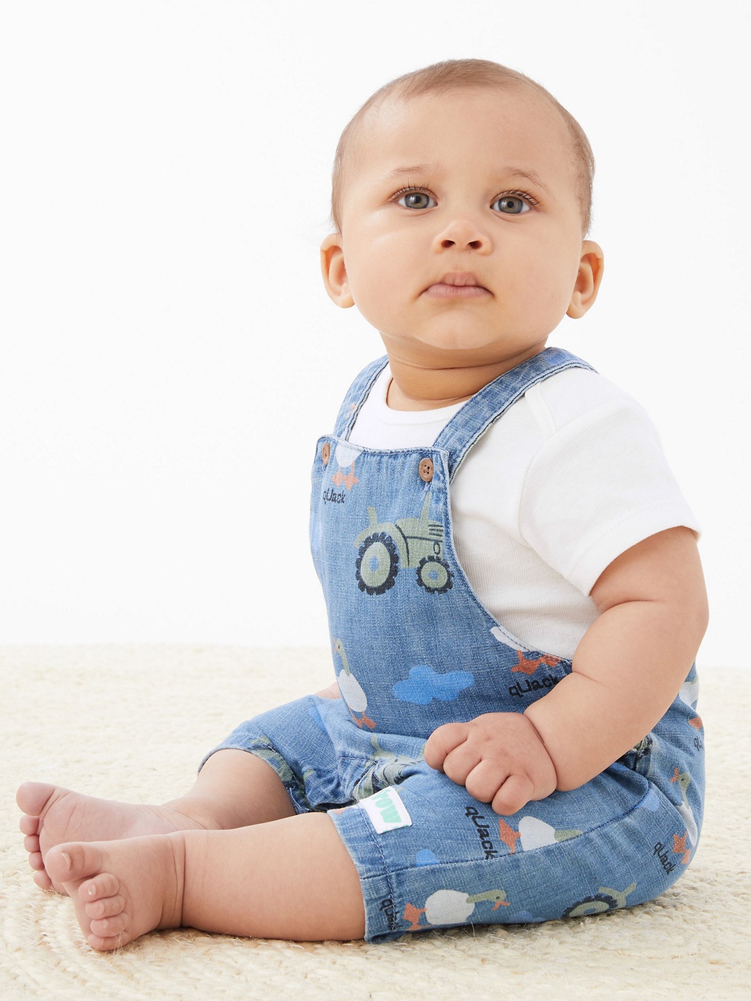 

Marks & Spencer Unisex Kids White & Blue Printed Cotton Bodysuit with Dungaree