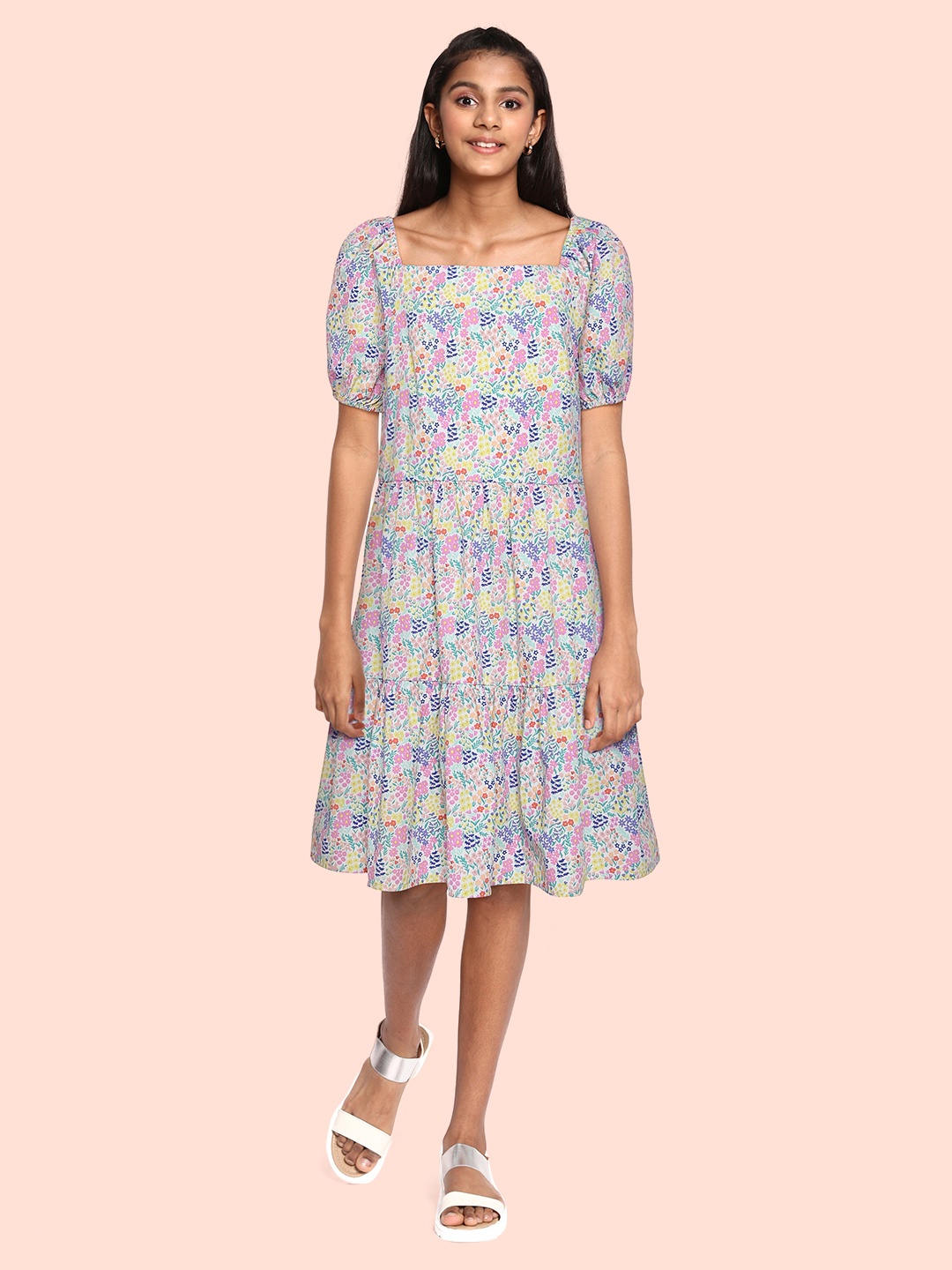 

Marks & Spencer Girls White & Pink Floral Print Pure Cotton Fit & Flare Dress