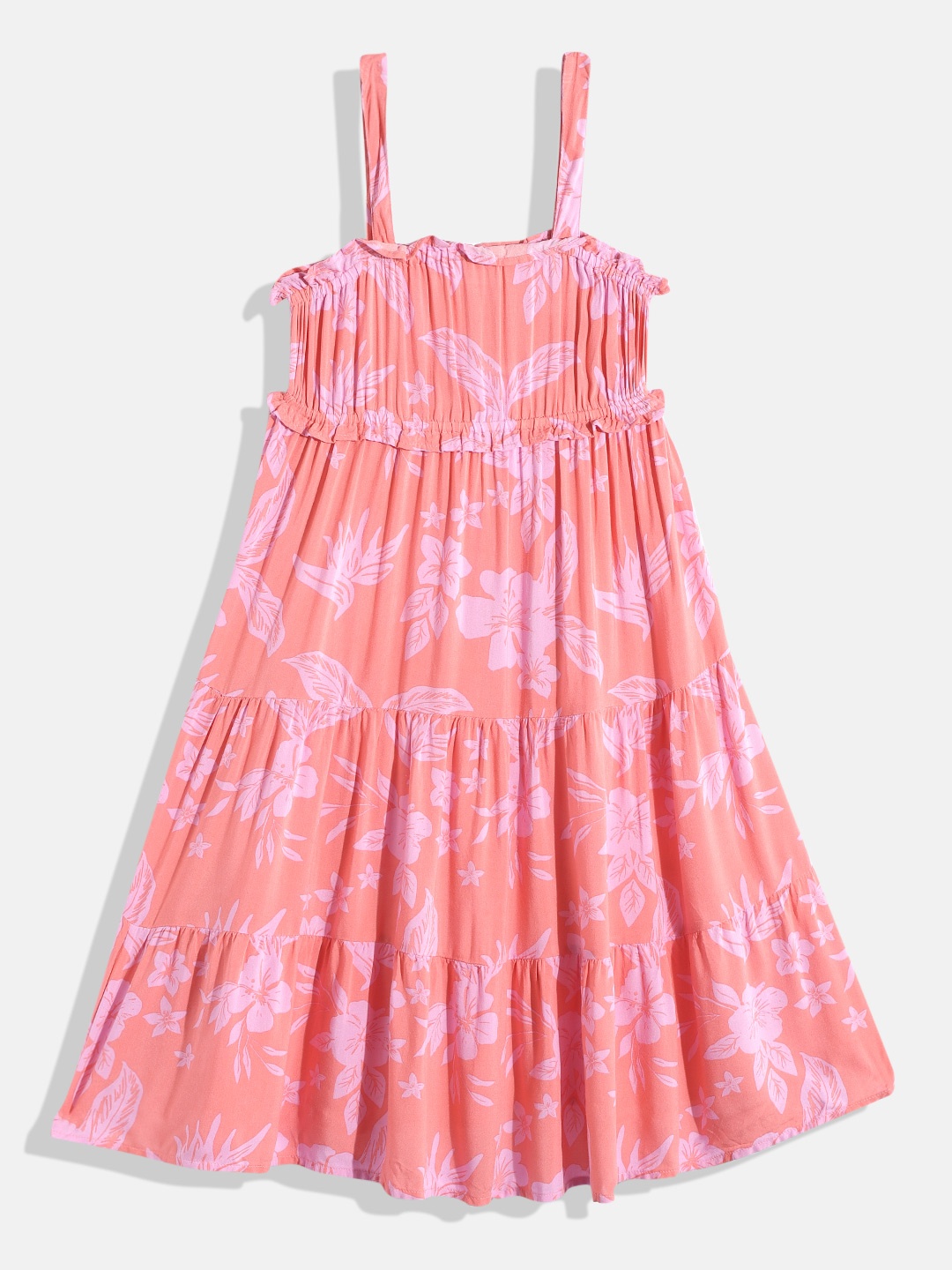 

Marks & Spencer Girls Floral Print Fit & Flare Tiered Dress With Ruffle Detail, Peach