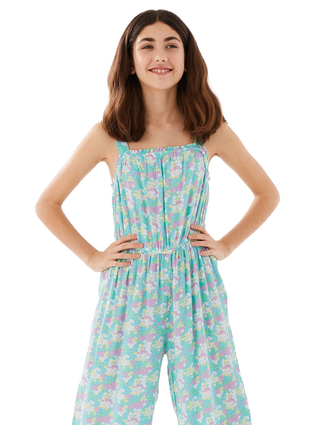 

Marks & Spencer Girls Green & Yellow Disty Floral Printed Basic Jumpsuit