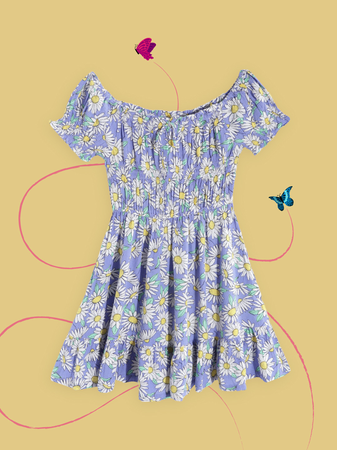 

Marks & Spencer Girls Blue & White Floral Print Smocked & Bow Detail Fit & Flare Dress