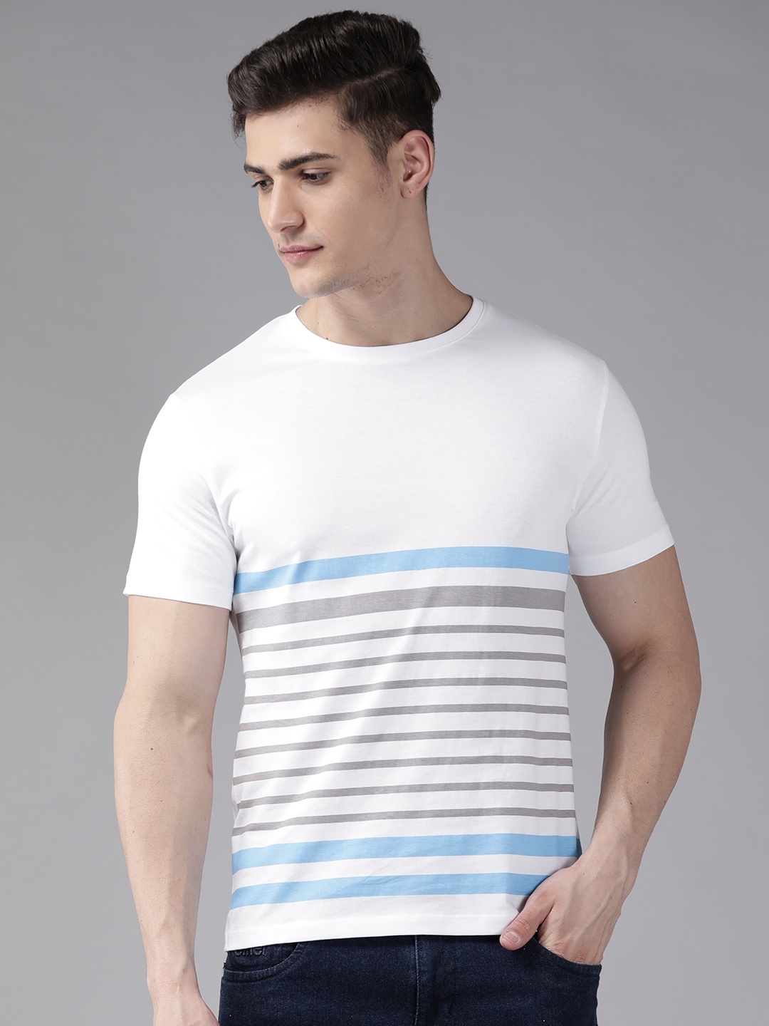 

Blackberrys Men White & Grey Striped T-shirt
