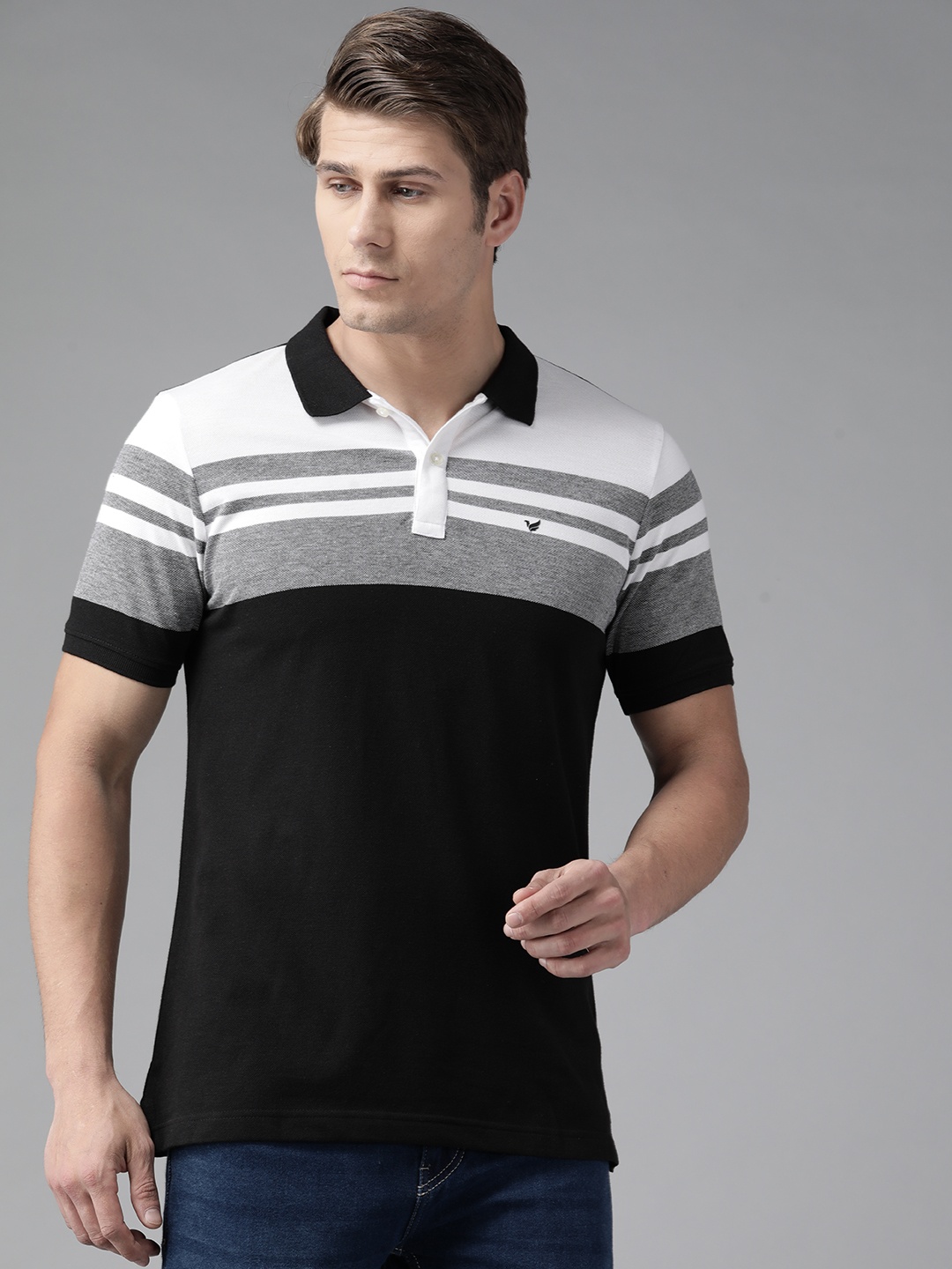 

Blackberrys Men Black & Grey Striped Polo Collar T-shirt